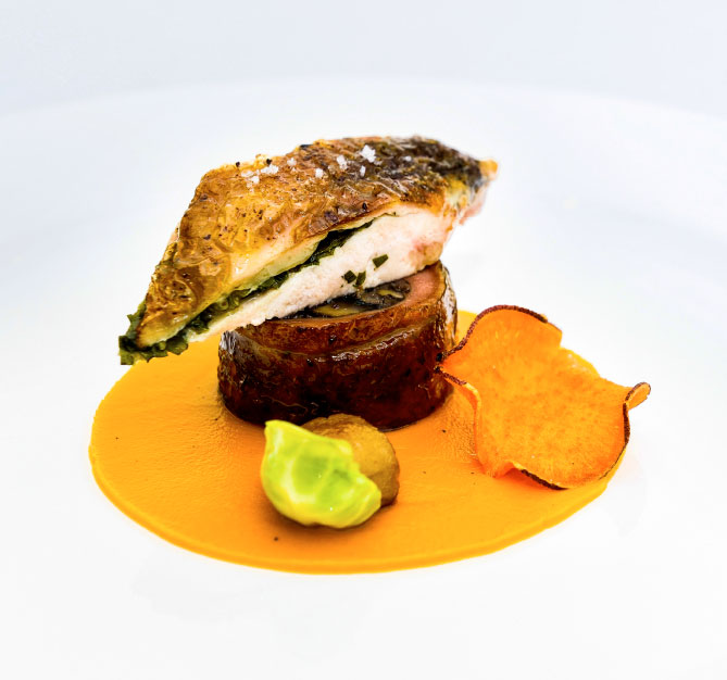 Buttered truffle and guinea fowl with sweet potato purée, chestnuts and mushroom mix